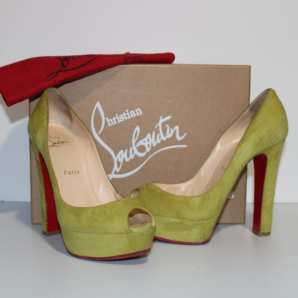 CHRISTIAN LOUBOUTIN Lime green suede Lady Peep heels with chunky heel